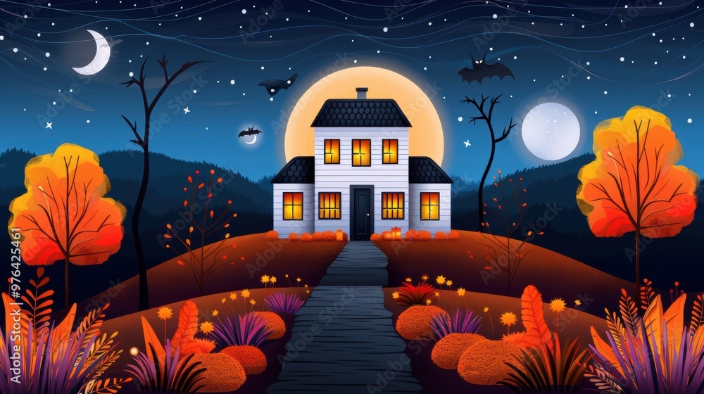 Wall mural halloween night house with moon and bats illustration