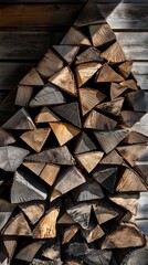 Stack of firewood against wooden wall, rustic storage concept