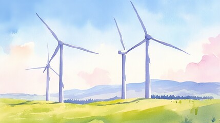 Majestic wind turbines dot the green expanse beneath a vibrant sunrise sky, watercolor textures capturing the peaceful yet dynamic energy of the scene