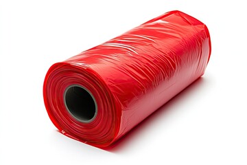 A red plastic garbage bag roll on a hite