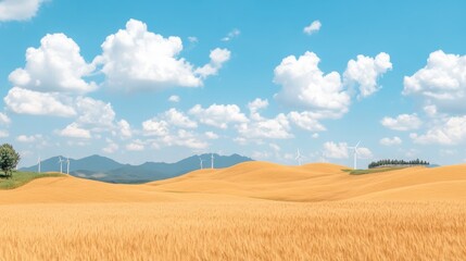 Fototapeta premium Wind turbines dotting a sprawling desert landscape, golden sand dunes stretching endlessly, the sleek white turbines standing tall against a vast blue sky
