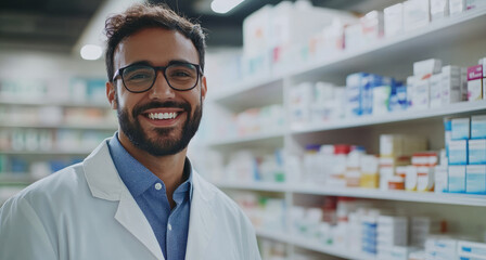 Obraz premium Smiling male pharmacist in pharmacy with shelves of medicine background