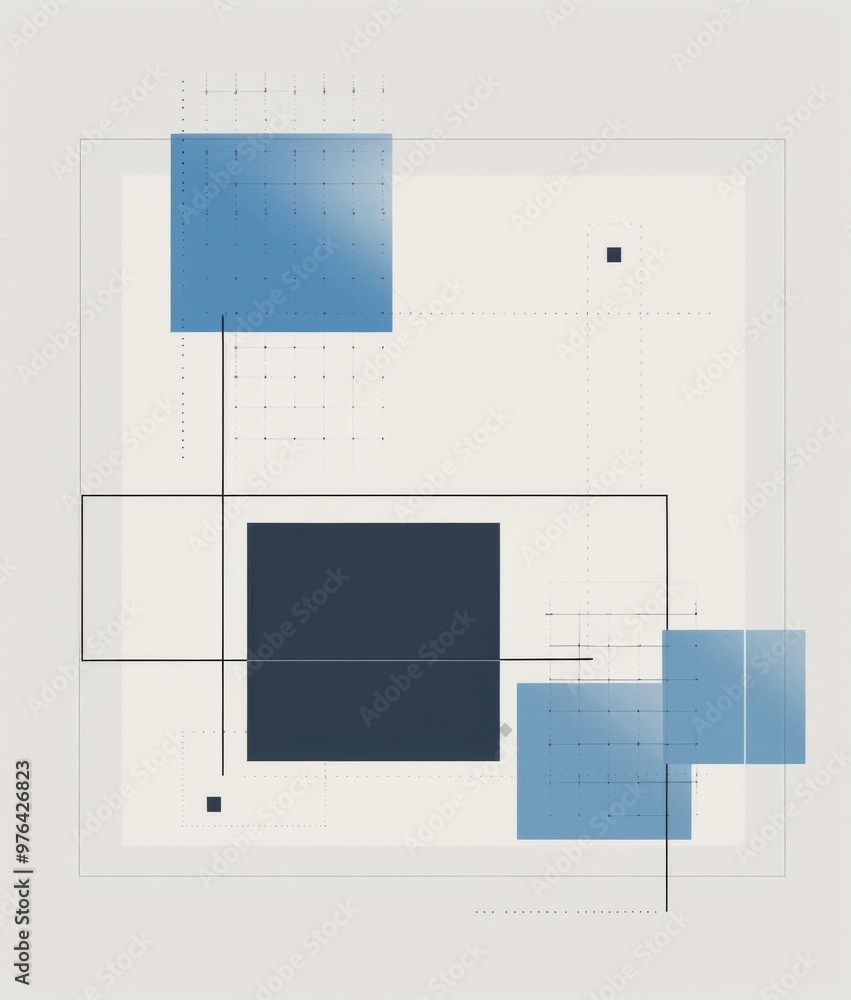 Poster  Light Grey Background and Blue Squares in Different Sizes. Clean Layout for Digital Art with Ample White Space for Customization.