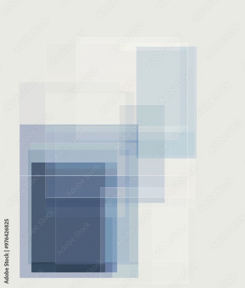 Poster  Light Grey Background and Blue Squares in Different Sizes. Clean Layout for Digital Art with Ample White Space for Customization.