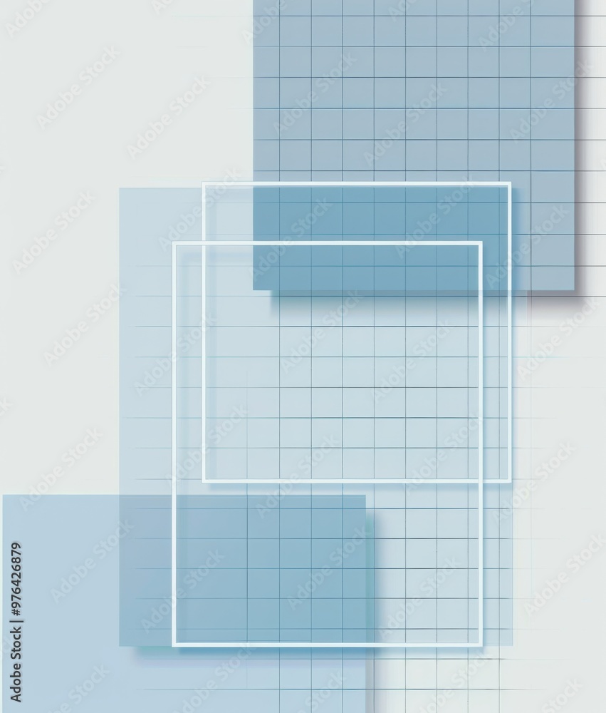 Poster  Light Grey Background and Blue Squares in Different Sizes. Clean Layout for Digital Art with Ample White Space for Customization.