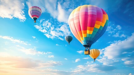 Colorful hot air balloons floating in clear blue sky with scattered clouds