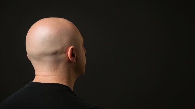 Bald Caucasian man shown from behind against dark background