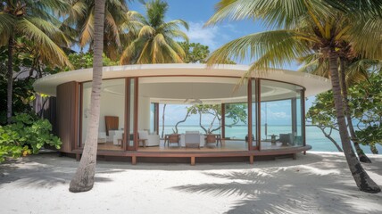 Modern villa on a tropical sand beach among palm trees. Minimalist house with round curved shaped forms.