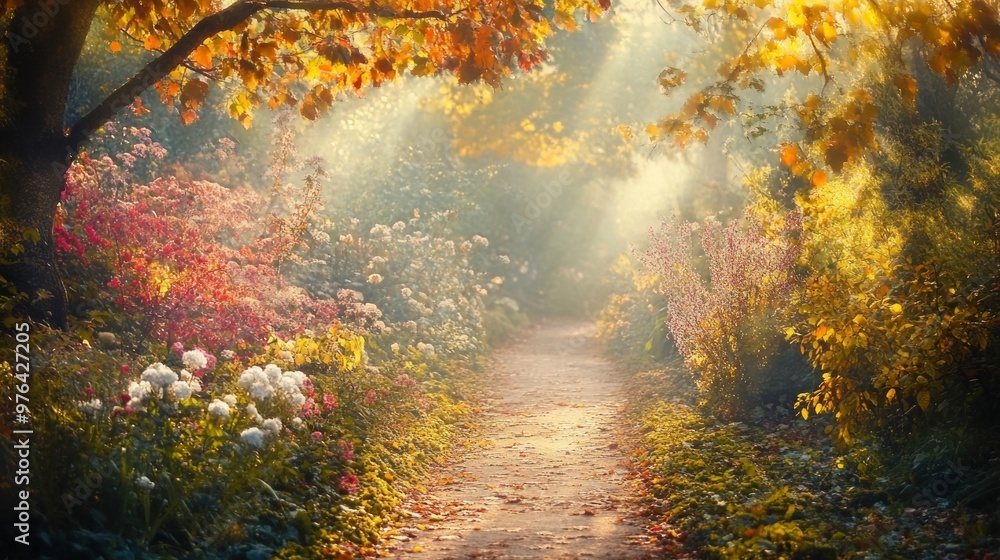 Poster autumn pathway through colorful garden with sunlight filtering through trees