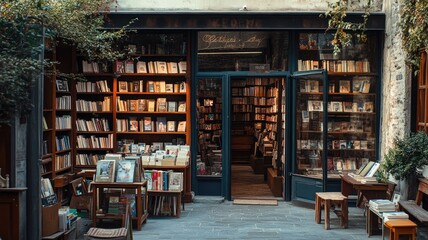 Obraz premium Cozy bookstore with wooden shelves filled books, set in charming, narrow street