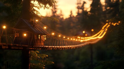 Elevated wooden homes nestled in the branches of massive sequoias, rope bridges and glowing orbs lighting the path, Fantasy, 3D render, golden hour glow, serene and whimsical