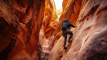 Explorer with a backpack climbing through narrow red rock canyon walls, shadows and light playing on the stone, intense adventure in the wild