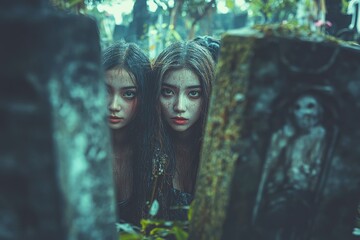 Two Women with Bloody Faces Peeking From Behind a Tombstone