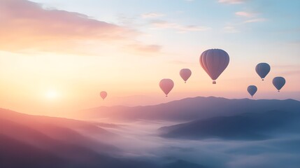 Naklejka premium Hot air balloons of all shapes and sizes rising into a pastel-colored sky at dawn, misty mountains in the background, Fantasy, Watercolor, soft gradients, dreamlike mood