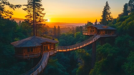 Fototapeta premium Hidden in the canopy of giant sequoias, a network of treehouses linked by rope bridges, with a magical sunset backdrop and birds in flight