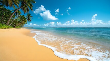 Golden sand beach with crystal clear water, palm trees swaying in the breeze, gentle waves kissing the shore, and soft clouds floating across the sky