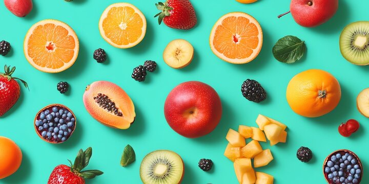 motif de fruits sur fond bleu, fond d'&eacute;cran pattern color&eacute; et fruit&eacute;, pomme, orange, mure, goyave