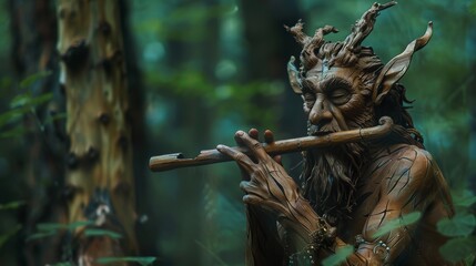 The Enchanted Faun’s Haunting Melody: Playing an Ancient Wooden Flute in the Mystical Forest, Unveiling Magical and Ethereal Music