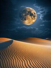 Naklejka premium A Full Moon Rises Over Rippling Sand Dunes in the Desert