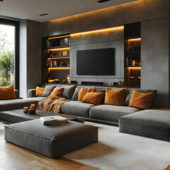 Modern Living Room Interior Design with Gray Sofa and Orange Pillows - 3D Illustration