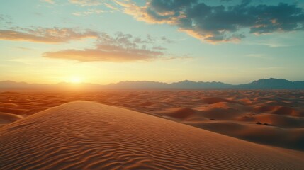 Serene Desert Landscape at Sunset Endless Sand Dunes with Pastel Colors in the Horizon, Capturing the Beauty of the Natural World