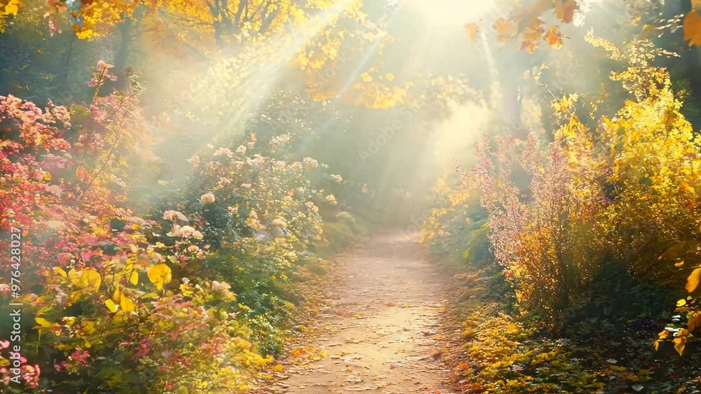 Poster autumn pathway through colorful garden with sunlight filtering through trees