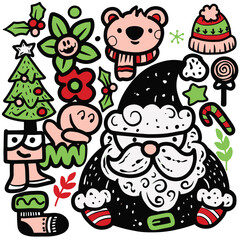 Playful Christmas illustration with Santa and holiday decorations