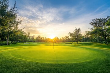 Golf teeing ground in golf course with sunrise background , ai