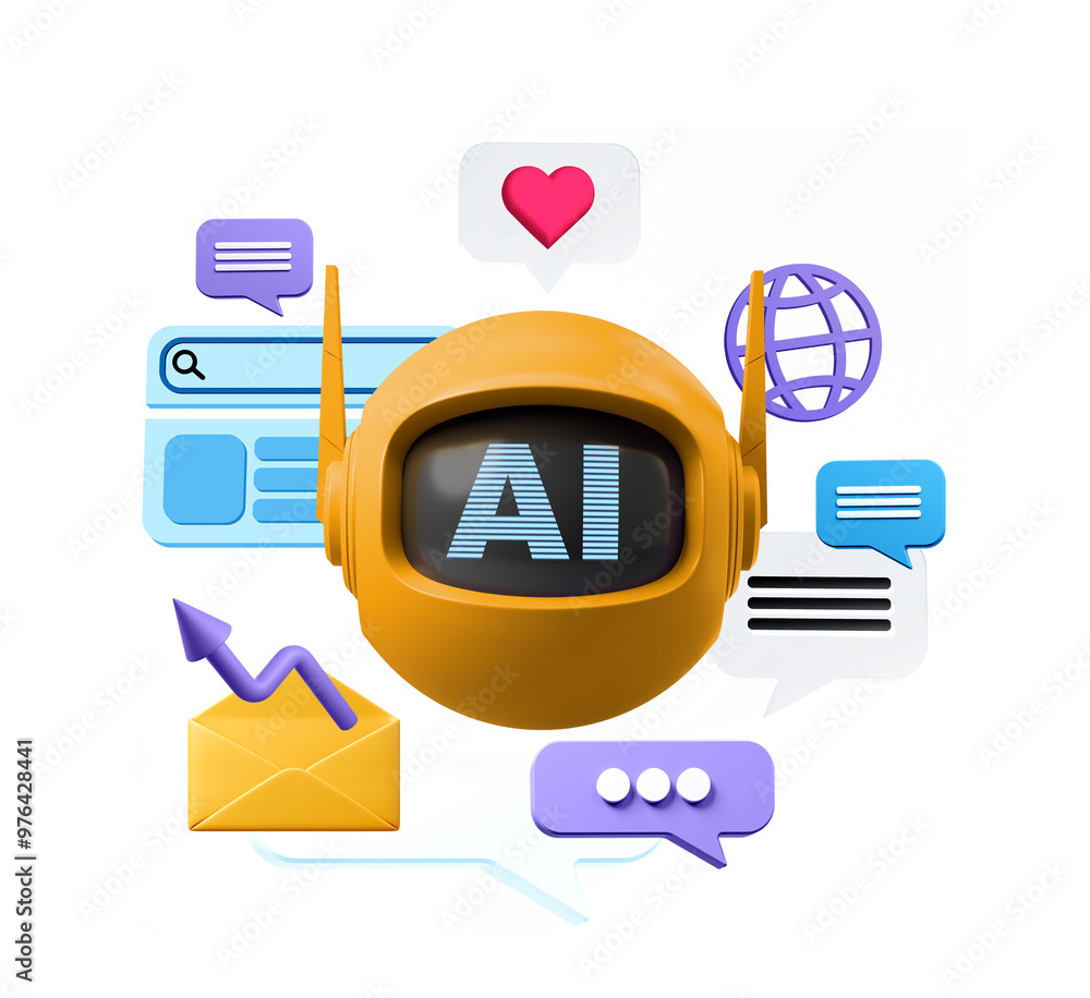 Poster yellow robot head displaying ai text, surrounded by icons including heart, globe, email, and chat bu