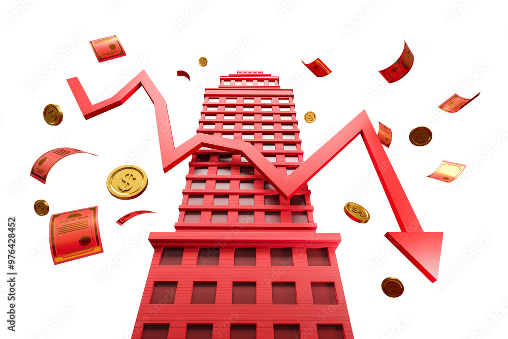 Poster red building with descending arrow and falling money. 3d rendering on a white background. concept of