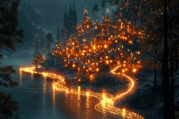 A Glowing Village Nestled on a Hillside with a Stream of Light Leading to a Lake