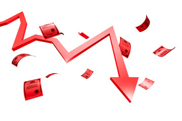 Red downwards arrow signifies stock market decline, with falling money documents. Graphic style on isolated white background. Concept of financial crisis. 3D Rendering