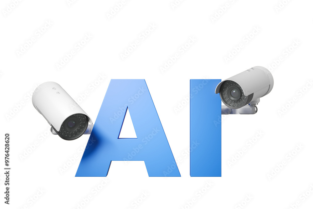 Poster image of two security cameras mounted on blue ai letters, isolated on a white background. concept of