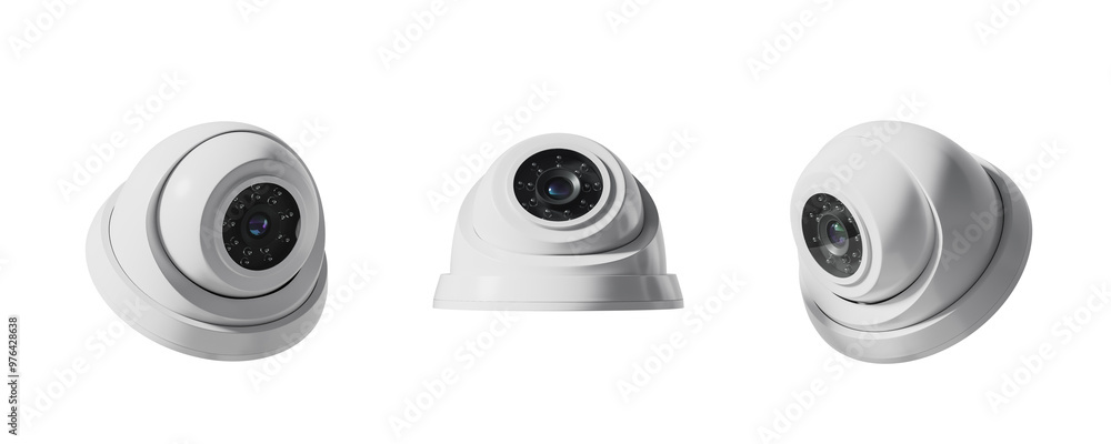 Poster three white dome surveillance cameras shown from different angles on a white background. concept of 