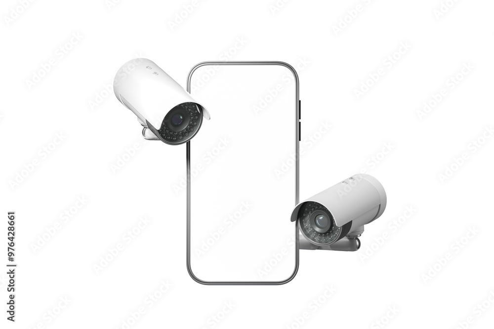 Poster two surveillance cameras are positioned on either side of a smartphone screen on a white background.