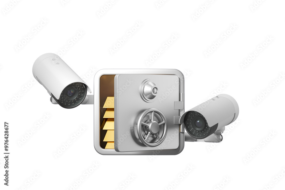 Poster image of a safe containing gold bars and flanked by two security cameras on either side, isolated on