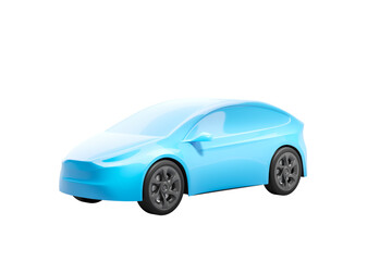 Blue car model shown in 3D rendering style, isolated on a white background. Concept of modern vehicle design and automotive technology