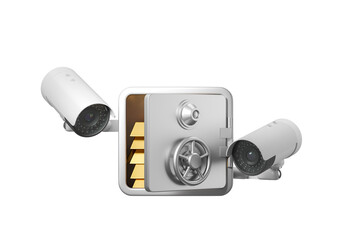 Image of a safe containing gold bars and flanked by two security cameras on either side, isolated on a white background. Concept of security and wealth. 3D Rendering