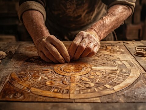Expert Craftsman Carving Intricate Design into Solid Mahogany Plank, Woodworking, Furniture, Artisan, Handcrafted, Custom, Mahogany, Wood Grain, Intarsia, Carving, Craftsmanship, Woodworking Art