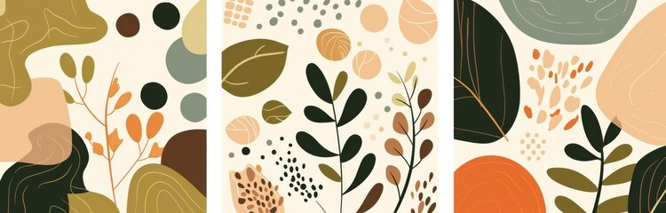  Set of Three Flat Vector Illustrations Featuring Organic Plant Shapes in Earthy Tones for a Warm and Inviting Atmosphere