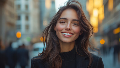Obraz premium portrait of a woman in the city smiling Mixed with the fashionista vibe that you get. Inspiration from the leading model in a chic office.