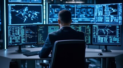 Cybersecurity Specialist Working on Network Security in Front of Multiple Monitors