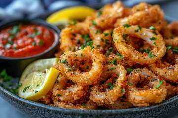Fried Calamari Rings with Lemon and Marinara Sauce