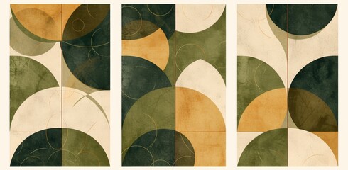 Set of Three Vertical Posters Featuring Abstract Geometric Shapes in Olive Green and Beige &ndash; Simple Designs for Home Decor or Wall Art