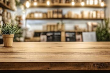 Table and blur background, Wooden counter over blur bokeh light background, Brown wood table top, shelf for food and retail shop, store product display backdrop, banner, mockup, template, ai