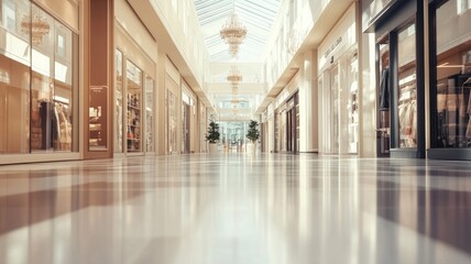 Modern indoor shopping mall with glass ceiling and chandeliers