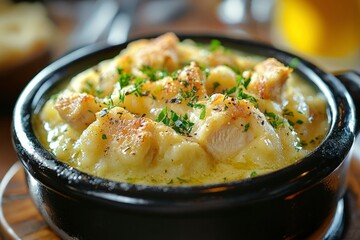 Close-up of Creamy Chicken and Mashed Potato Dish with Parsley Garnish
