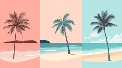 Obraz premium set of 3 frame art - Clean Sea Beach Island Landscapes - Fresh Vintage Summer Breeze Illustrations