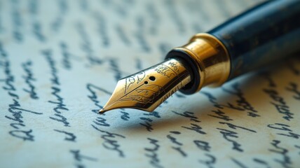 Close-up of fountain pen nib against handwritten text