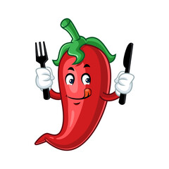 Hungry Red Chili Pepper Cartoon Character Holding Fork And Knife.
